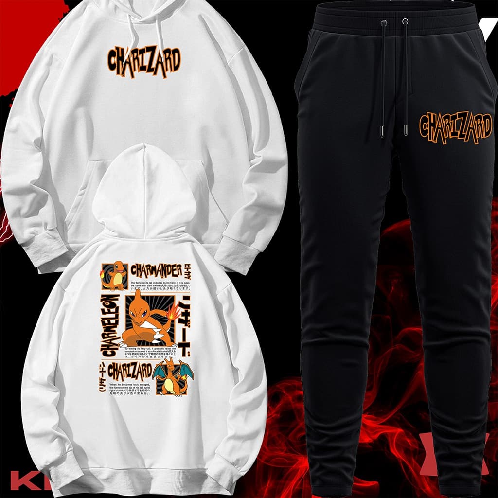 Conjunto Moletom Unissex Adulto Blusa de Frio Canguru e Calça Personalizada Estampa CHARIZARD EVOLUÇOES