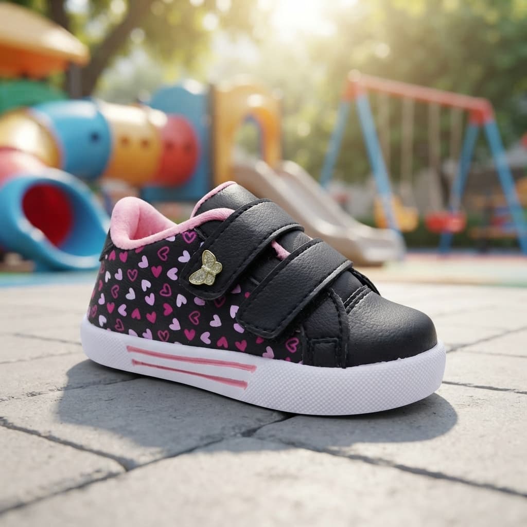 Tênis infantil Menina Borboleta e Coração Velcro Duplo 20 ao 34 Charmoso e Confortável