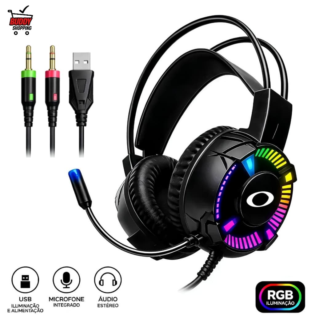 Headset Gamer Onistek ON-464 RGB com Fio 40mm Microfone USB e P2 para PC Notebook