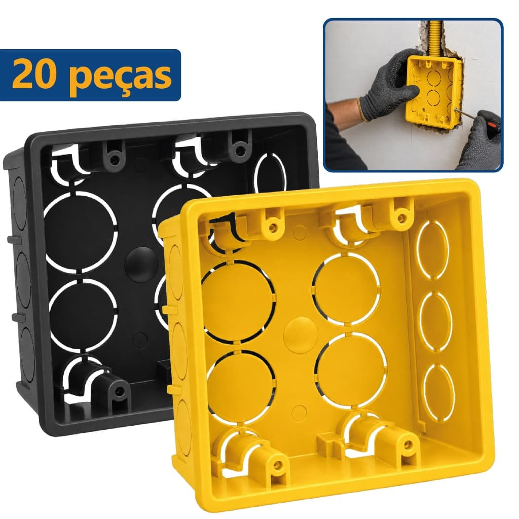 20 Caixa de Luz 4x4 Quadrada Reforçada P/ Tomada Interruptor Energia Embutir Parede Preto Amarelo