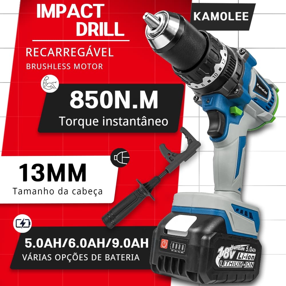18V Brushless 850N.M Kamolee Furadeira Parafusadeira de Impacto Sem Fio Mandril 13mm Bateria 5.0Ah/6.0Ah/9.0Ah Ferrament