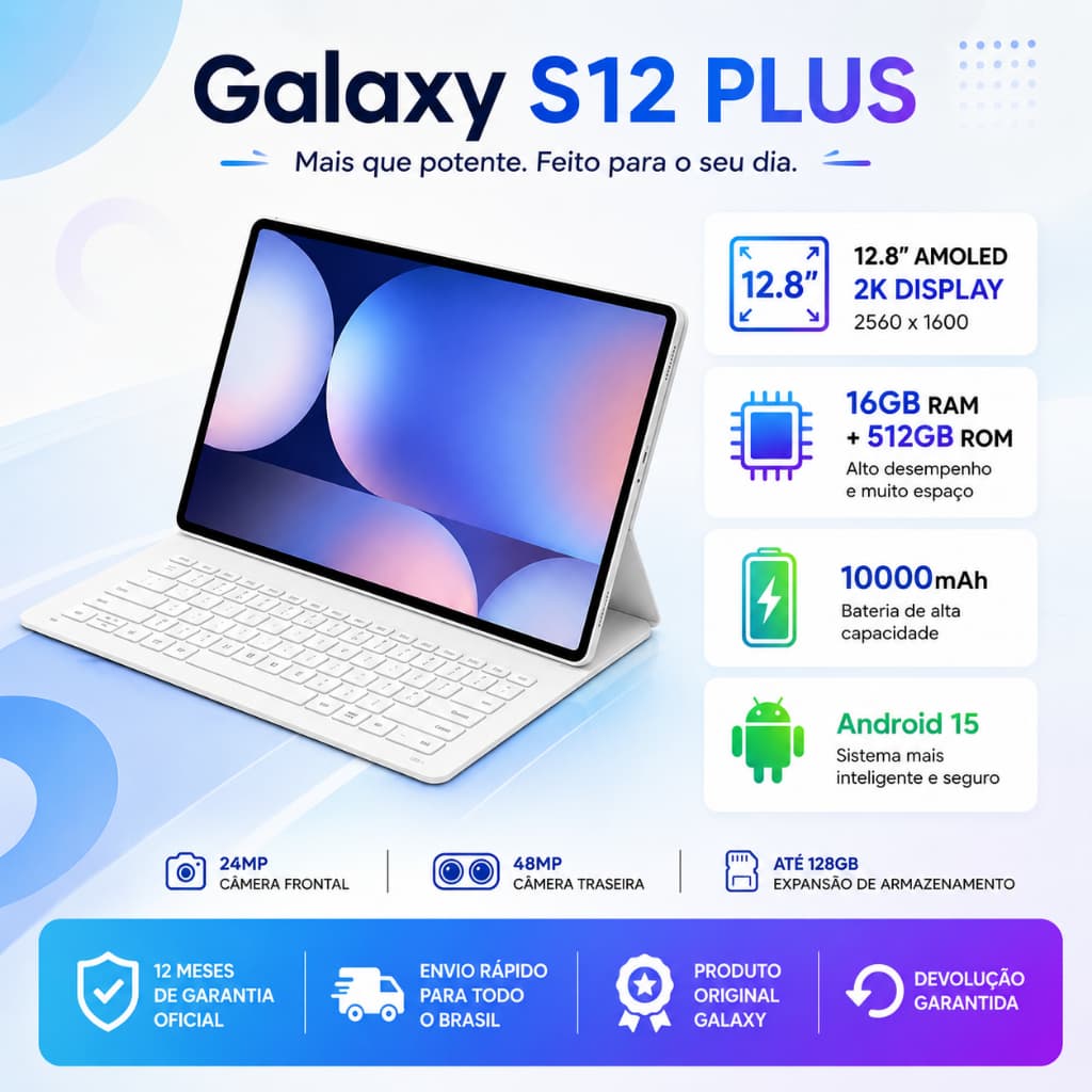 Tablet Galaxy S12 Plus 16 GB + 512 GB 12,8 polegadas HD Dual SIM Dual Core 10000 mAh Android 15