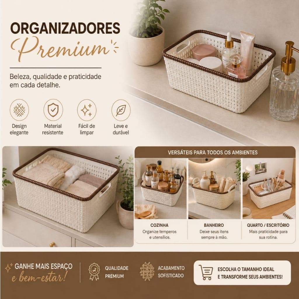 Organizadores Multiuso Premium Vários tamanho e modelos Plástico Estilo Rattan p Cozinha Banheiro Quarto Escolha o seu