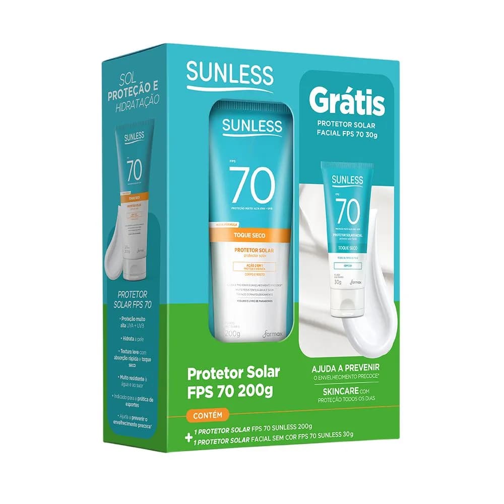 Kit Protetor Solar Sunless FPS 70 Toque Seco 200g + Protetor Facial FPS 70 Sem Cor 30g