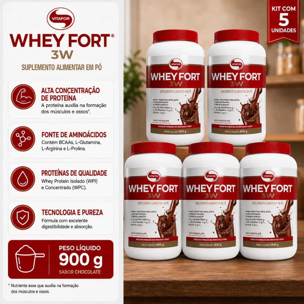 Kit 5 Whey Protein Vitafor Whey Fort 3W 900g Chocolate