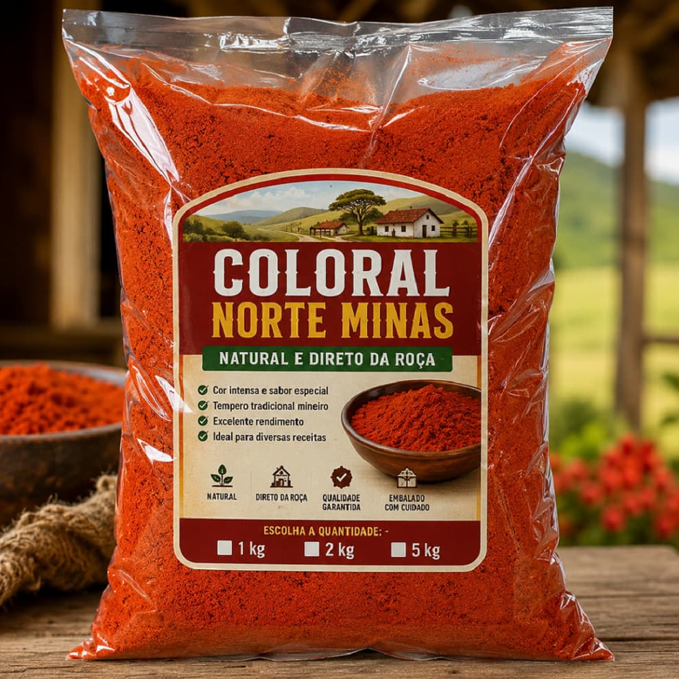 Coloral Norte Minas 500g, 1kg e 2kg  Natural Tempero de Urucum Mineiro Cor Intensa para Carnes, Frango, Arroz e Feij