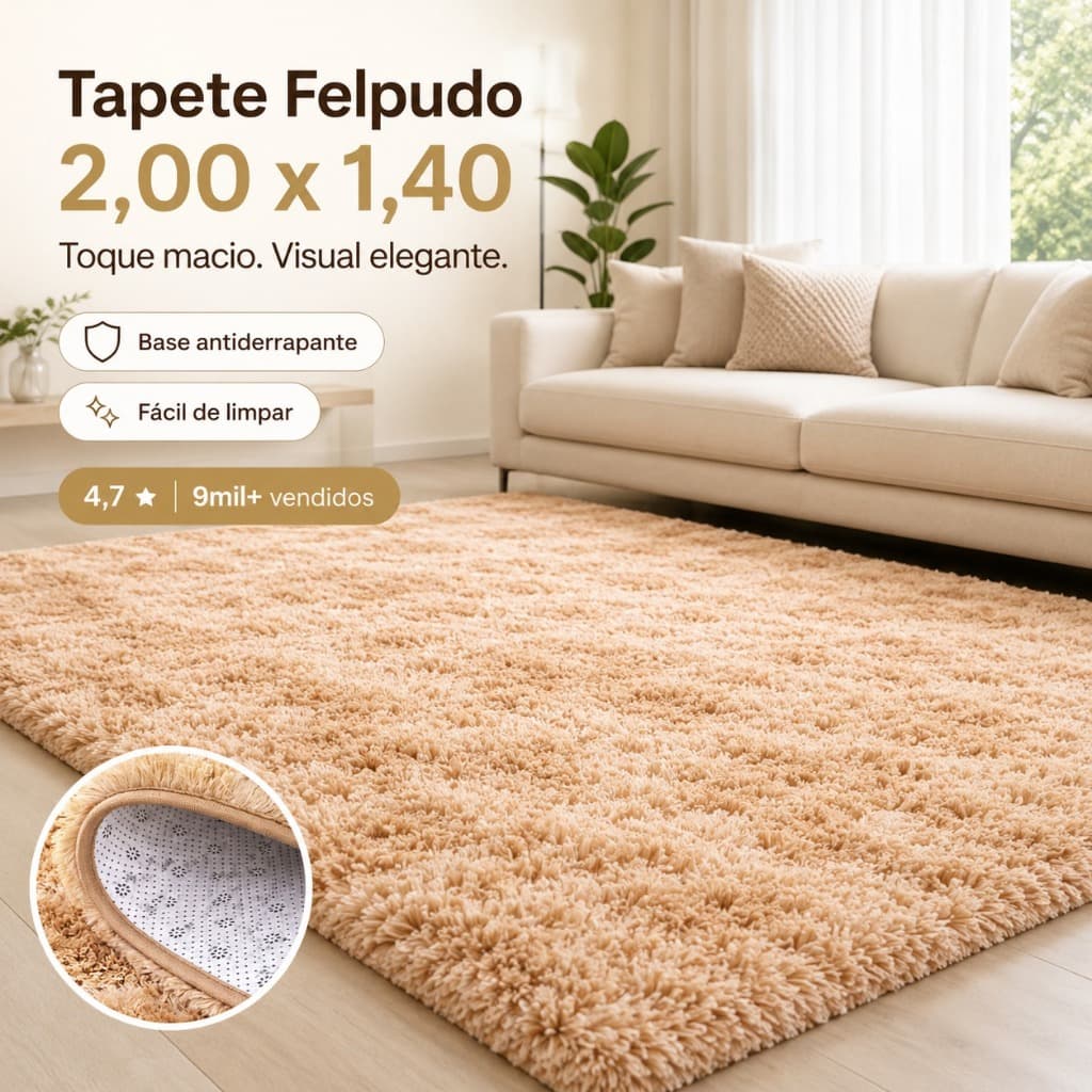Tapete Felpudo Peludo Sala Quarto 2,00x1,30 4cm Grosso Antiderrapante Macio