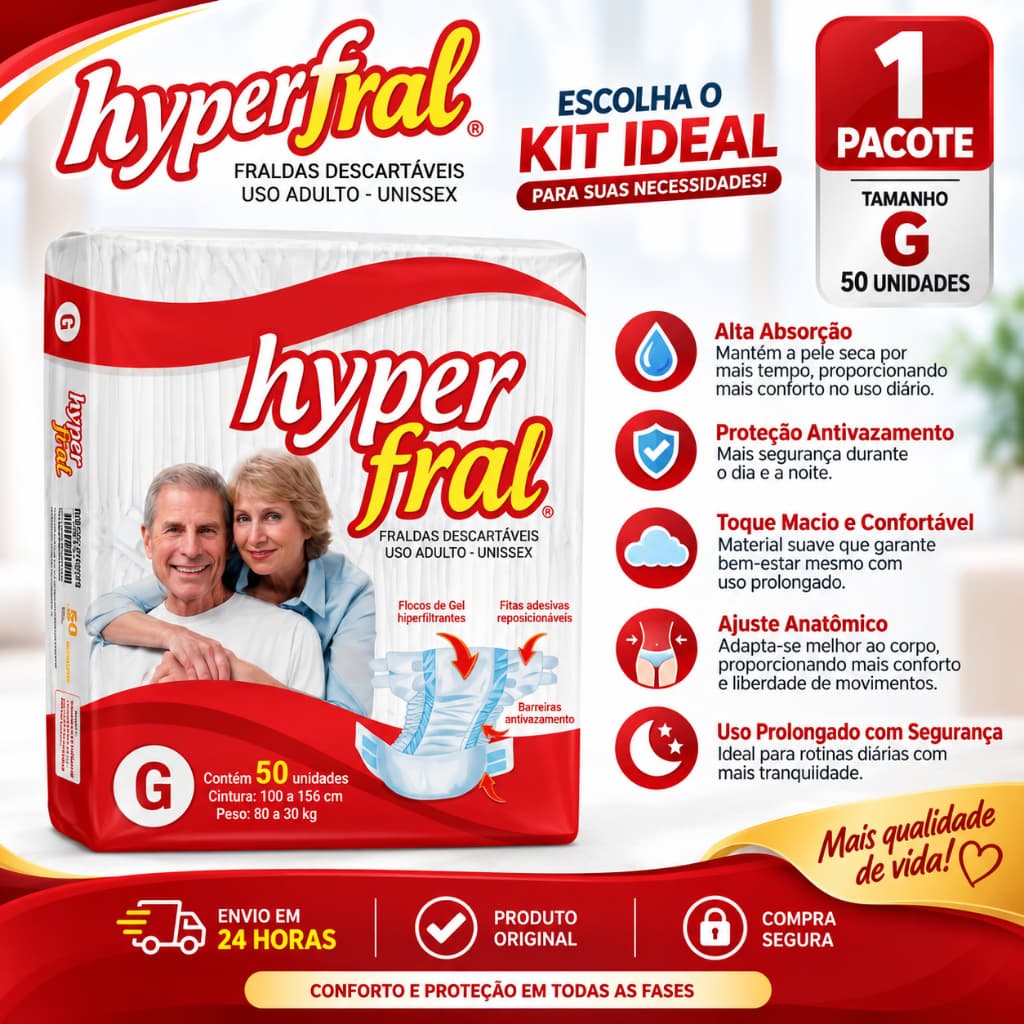 Fralda Geriátrica Adulto Hyperfral Pacote G 80kg A 95kg Incontinência Severa Alta Absorção Gel Fita Trilaminada