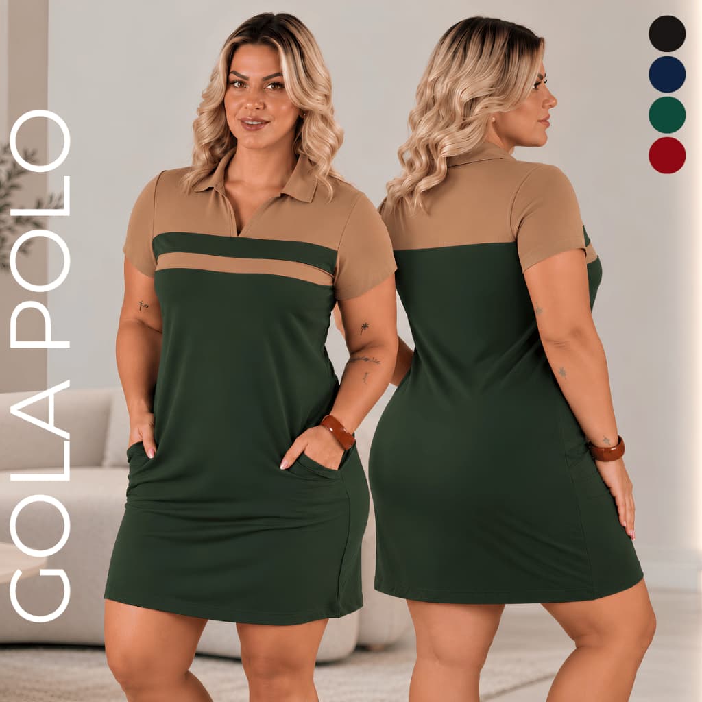 Vestido Feminino Estiloso Gola Polo Confortavel com Manga Vestido Bicolor