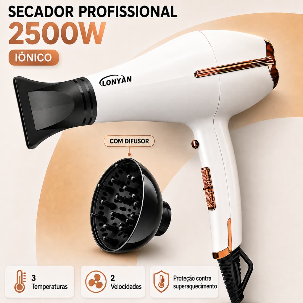 Secador de Cabelo Profissional 2500W 127V 220V Difusor Íons Negativos Antifrizz 3 Temperaturas 2 Velocidades