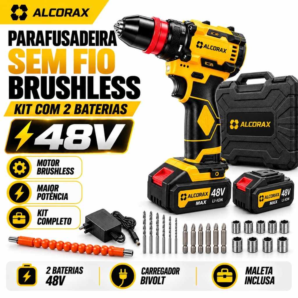 【3 Anos Gar】 Furadeira Parafusadeira Brushless 48V Sem Fio com 2 Baterias, Maleta e Acessórios