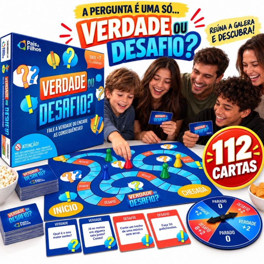 Jogo de Tabuleiro Verdade ou Desafio 112 Cartas com Roleta Jogo de Mesa Perguntas e Respostas Família Amigos
