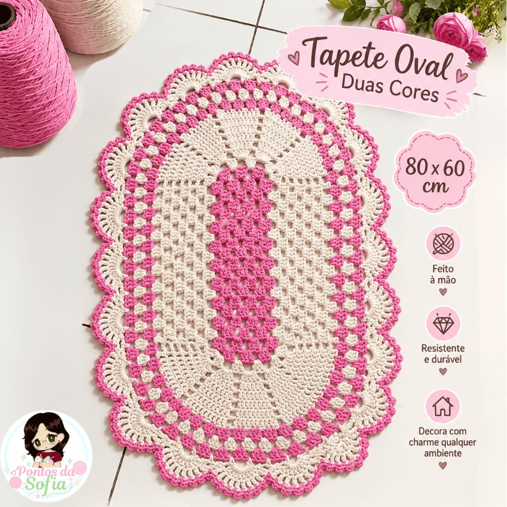 Tapete oval de crochê rosa e cru branco para decoração de cozinha , quarto , banheiro, barbante e algodão 6 fios 60 x 80