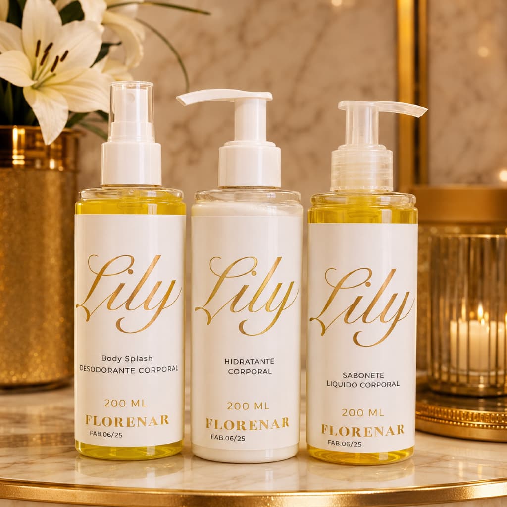 1 Kit Feminino Body Splash Lily  200Ml + 1 Hidratante 200ML + 1 Sabonete Líquido 200Ml com gliter