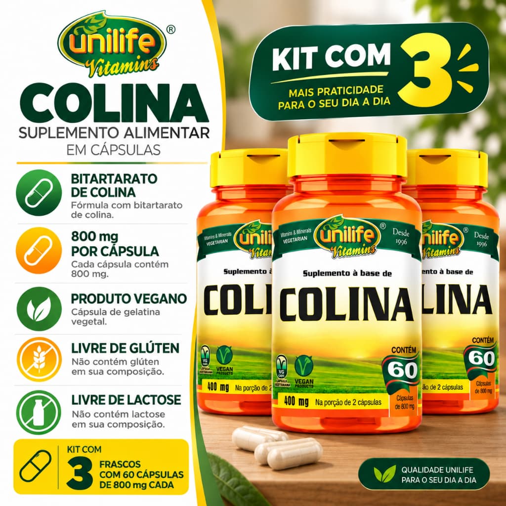 Kit 3 Colina Unilife 800mg 60 Cápsulas Bitartarato de Colina Vegano