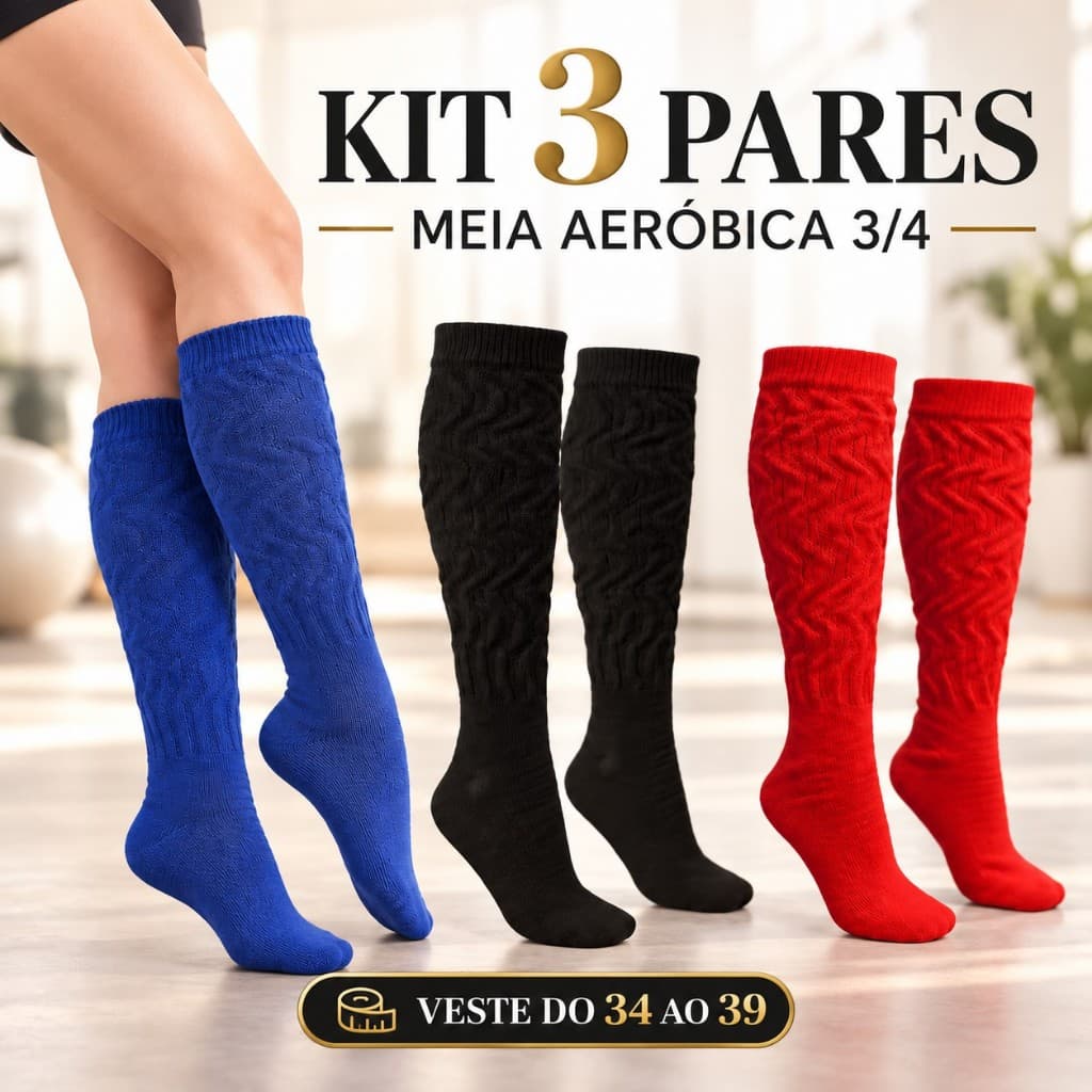 Kit 3 Pares Meia Aeróbica Cano Longo Academia Meião Fitness