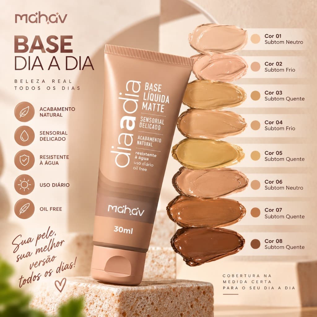 BASE LÍQUIDA MATTE DIA A DIA ORIGINAL MAHAV PALETA 01 AO 08