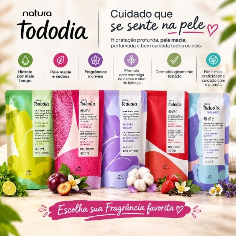 Refil Hidratante Todo Dia Algodão Ameixa Morango Chá de camomila e Lavanda Hortelã e Limão 400ml - Fragrância a Escolher
