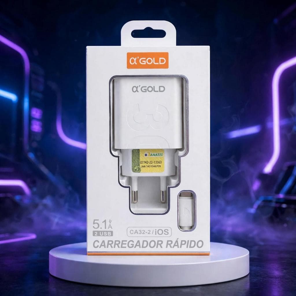 Carregador Rápido Celular 2 USB x Cabo IOS Lightning 5.1A 25W A'Gold CA32-2