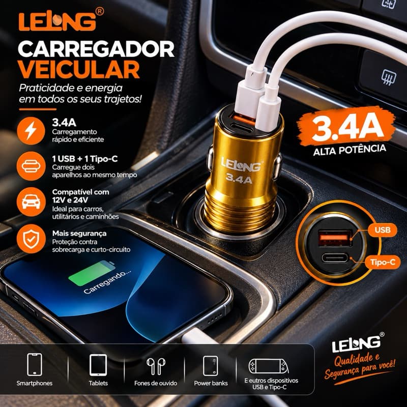 Carregador Veicular LELONG 3.4A – LE-530