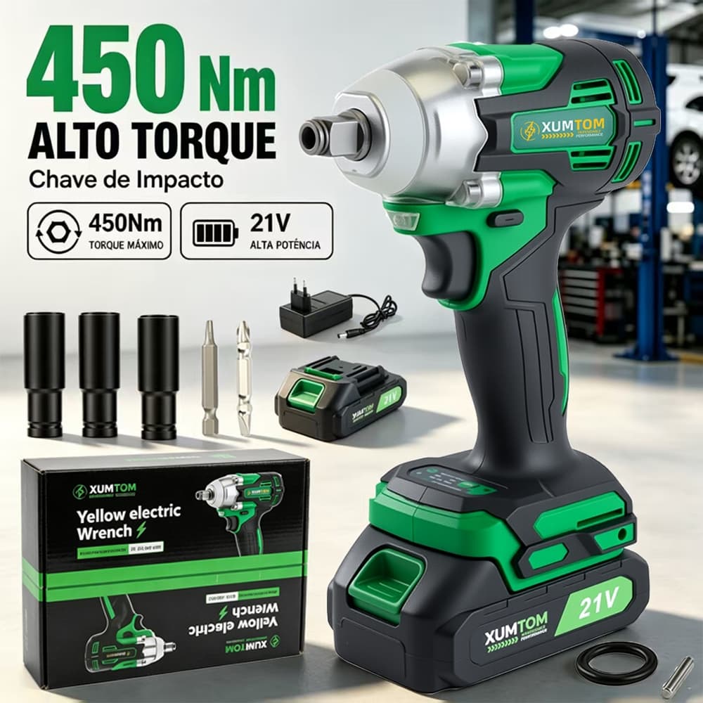 Chave de Impacto 450NM Elétrica Profissional Sem Escova com 21V 2 Baterias e Kit ferramentas Completo