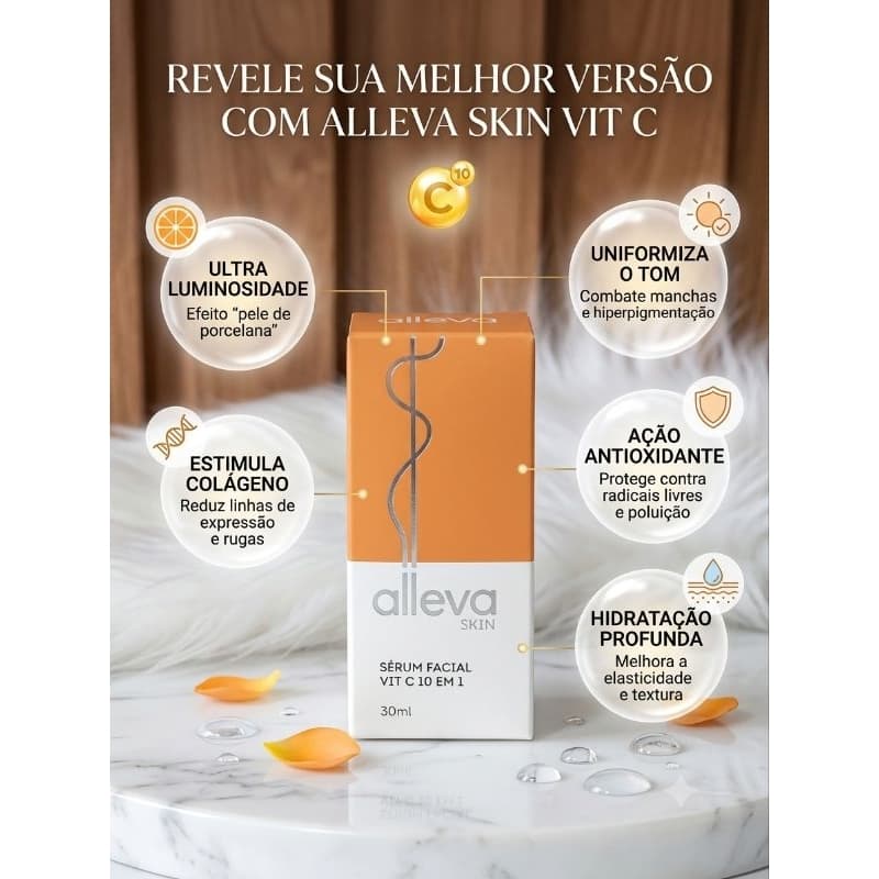 Sérum Facial Vitamina C Alleva Skin 10 em 1 30ml Anti-idade Antióxido Iluminador Clareador de Manchas
