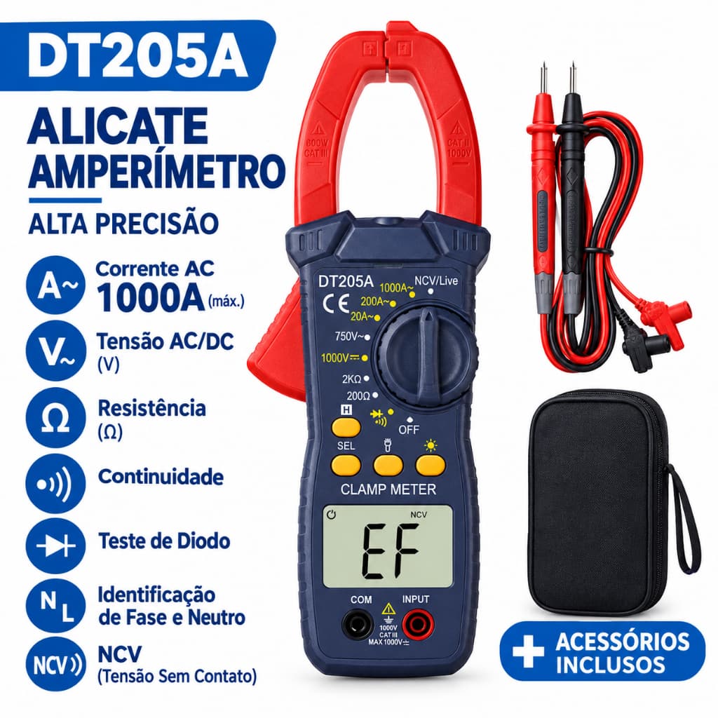 Alicate Amperímetro Digital DT205A 1000A Multímetro Manual Tensão CC/CA Resistência Continuidade Diodo Teste de Fase