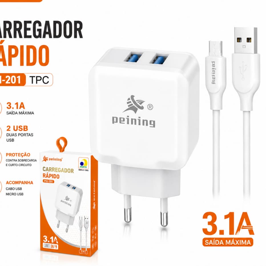 Carregador Rápido Peining 3.1A 2 Portas USB Bivolt + Cabo Micro USB PEI-201 TPC Celular - Carregamento Rápido e Compacto
