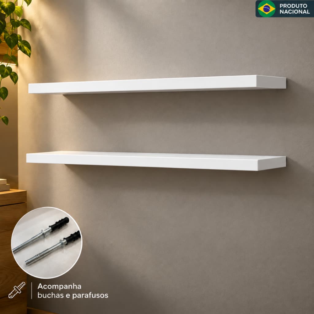 Kit 2 Prateleira Flutuante MDF Branca ou Amadeirado 60cm com Suporte Invisível Parede Cozinha Sala Quarto