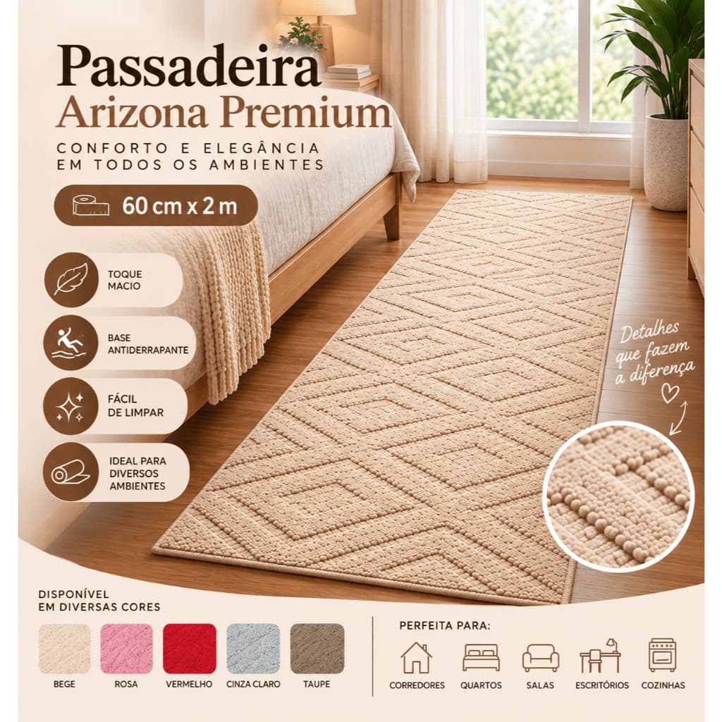 Tapete Passadeira Arizona Premium 60cm X 200cm Sala Quarto Cozinha Corredor  Grande Antiderrapante Exclusivo
