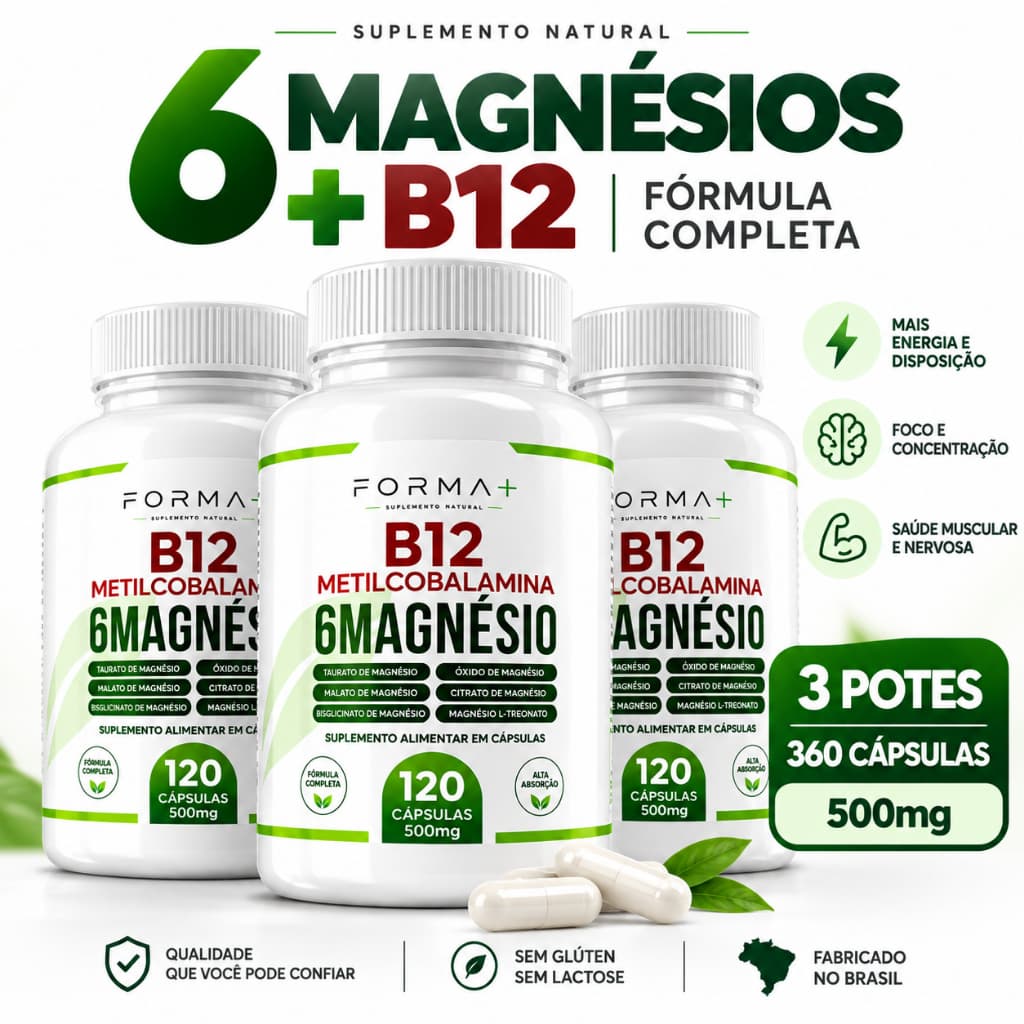 Magnésio 6 Tipos + Vitamina B12 Metilcobalamina 120 Cápsulas 500mg
