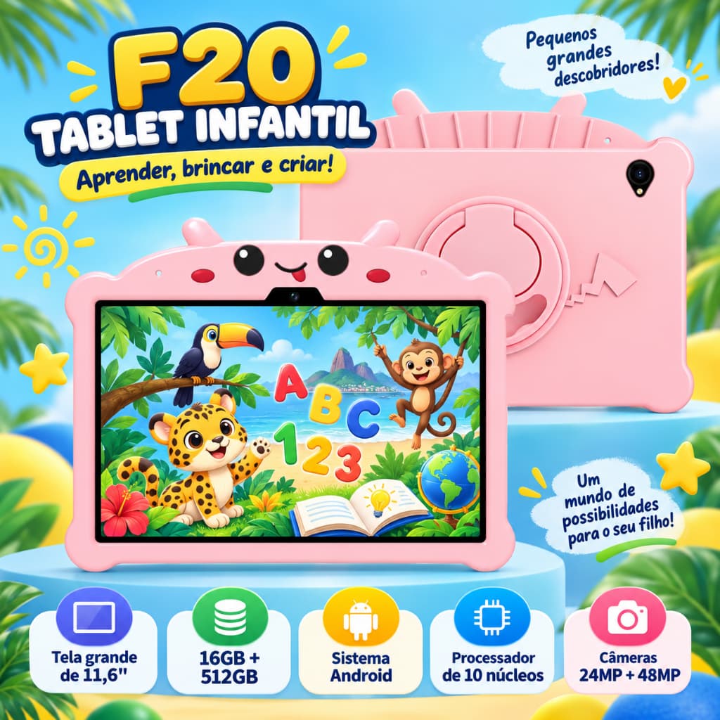 Tablet Infantil F20 Tela 11,6 Polegadas, Wi‑Fi e Bluetooth, Sistema Android , Carcaça Super Resistente para Crianças