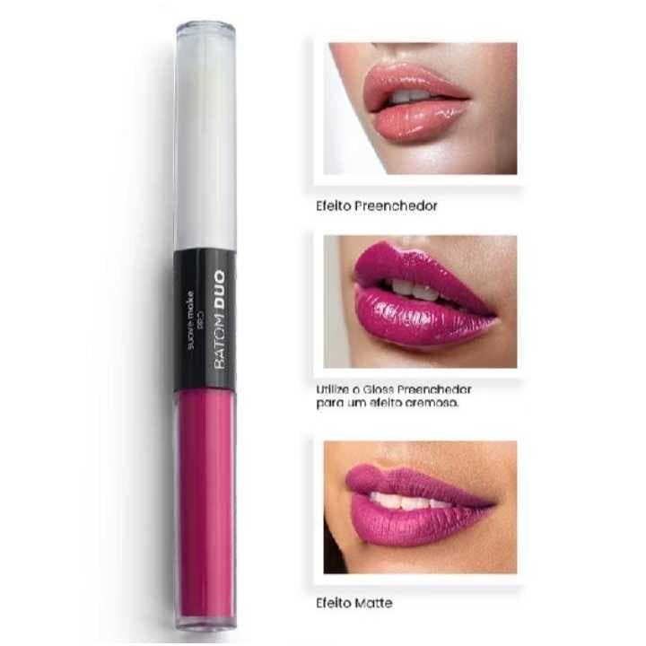 Batom Duo 2 em 1 Suave Make Pro – Batom Líquido Matte Alta Fixação + Gloss Preenchedor com Ácido Hialurônico Suave Fraga