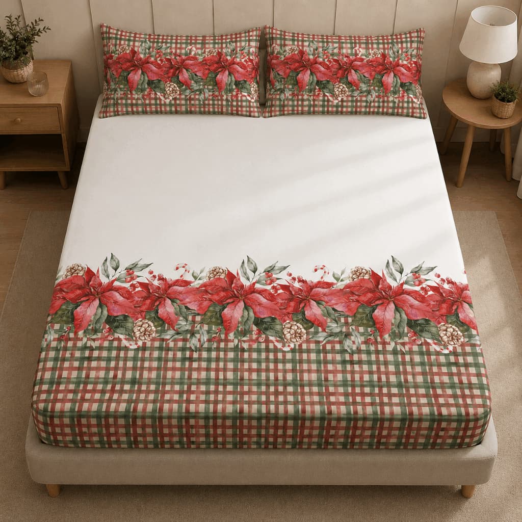 Jogo de Lençol Casal 400 Fios Natalino 3PCs (Jogo de Cama, Estampado, Decoração de Natal, Quarto)