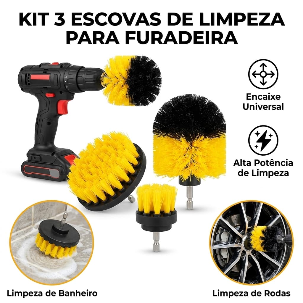 Kit 3 Escovas de Limpeza para Furadeira Parafusadeira Multiuso Carro Banheiro