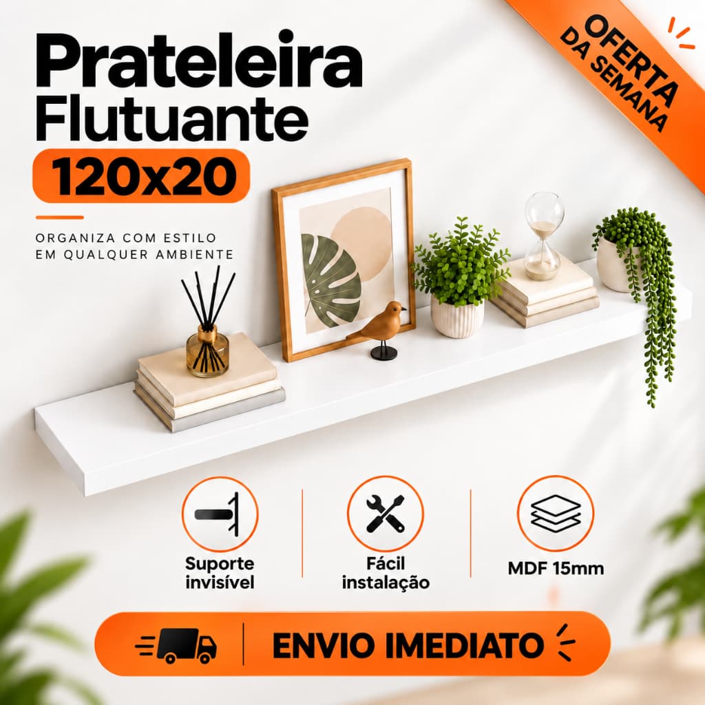 Prateleira de Parede Flutuante 120x20cm Branca MDF Suporte Invisível Sem Furos Aparentes Decorativa Sala Quarto Banheiro