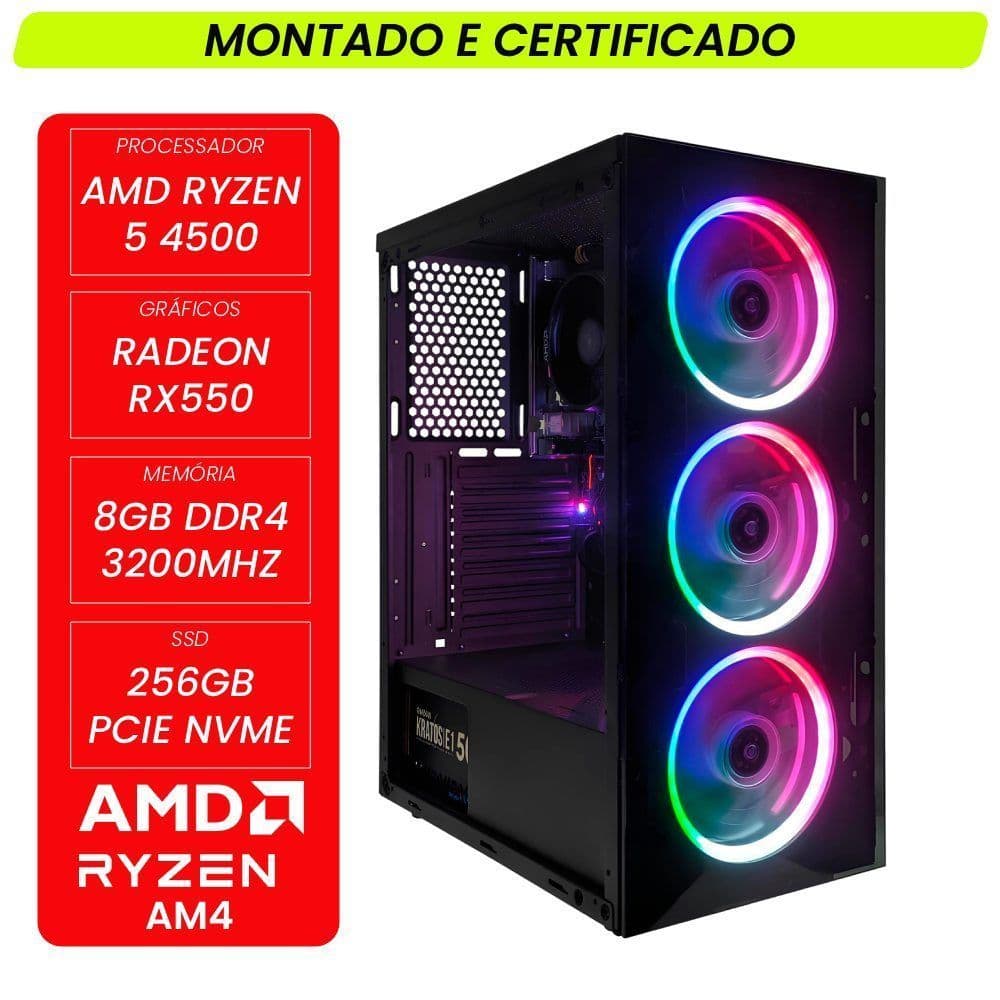 Computador Gamer CertoX STREAM AMD - 1080 TC AMD Ryzen 5 4500 Radeon RX550 8GB DDR4 256GB SSD C/3 Fans Linux