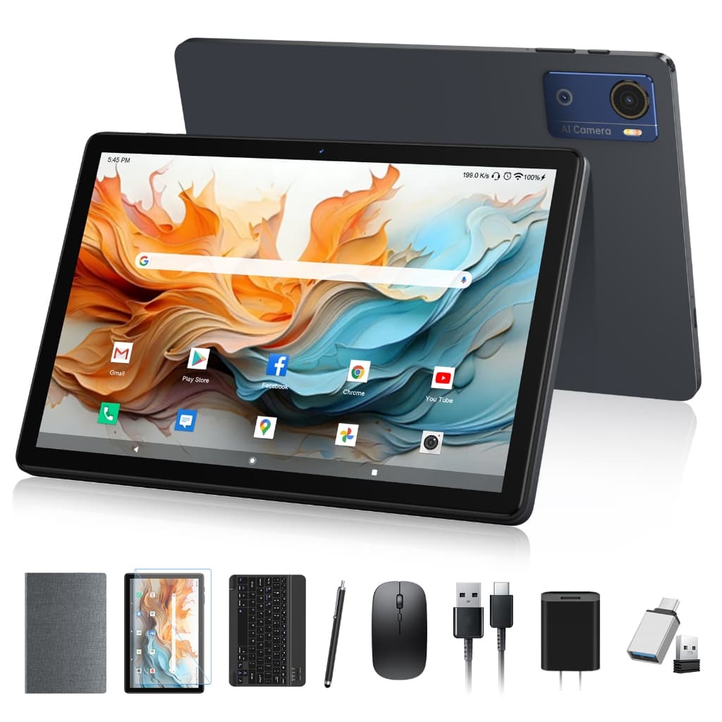 Preto 10.1“ Tablet Android 16 com 16 GB de RAM e 128 GB de ROM, com mouse e teclado