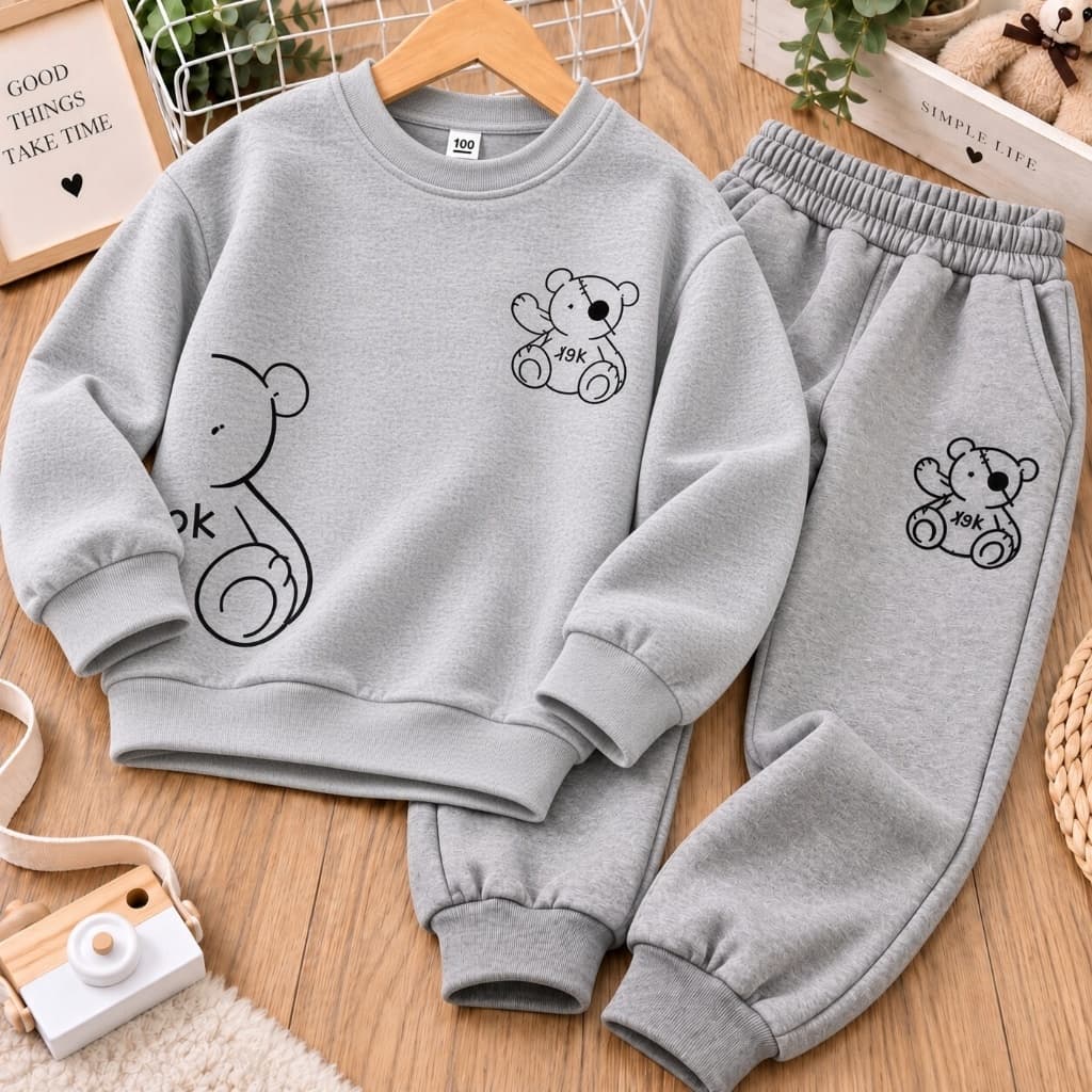 Kit Conjunto calça cinza Menino Urso Fofo e Casual casaco 2 Peças Moletom Confortável e Macio criança