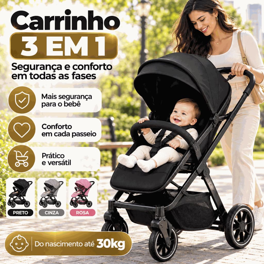 Carrinho de Bebê 3 em 1 com Moisés Bebê Conforto Dobrável em Alumínio para Recém-Nascidos