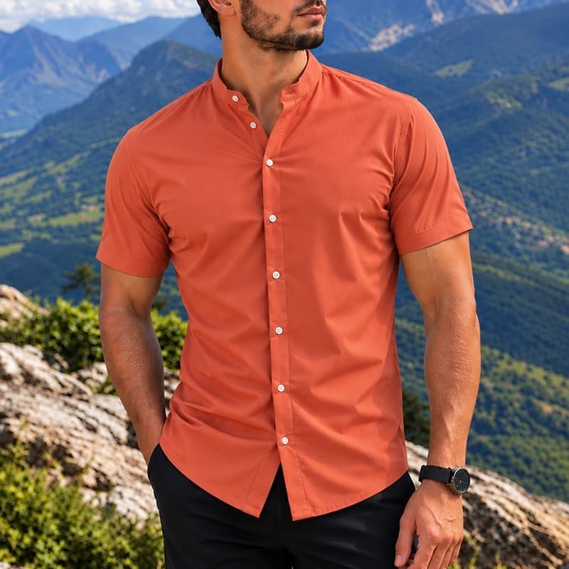 Camisa Masculina Gola Padre Manga Curta Slim Fit Social Casual Premium