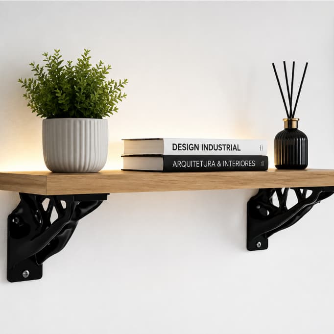 Prateleira de Parede Decorativa 60cm MDF Amadeirado com Suporte Preto Galho 3D