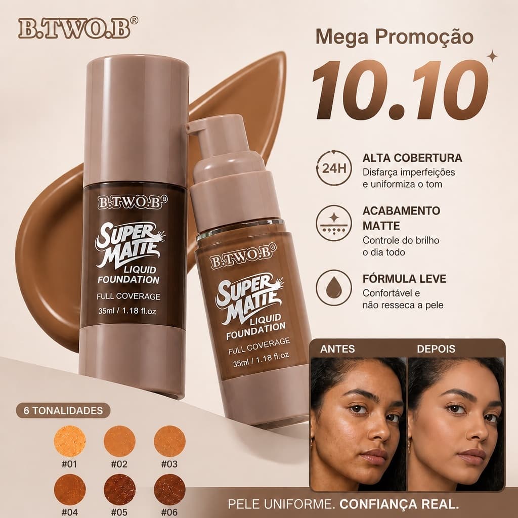 B.TWO.B Base Líquida Super Matte Alta Cobertura Longa Duração Acabamento Natural Maquiagem Facial 35ml