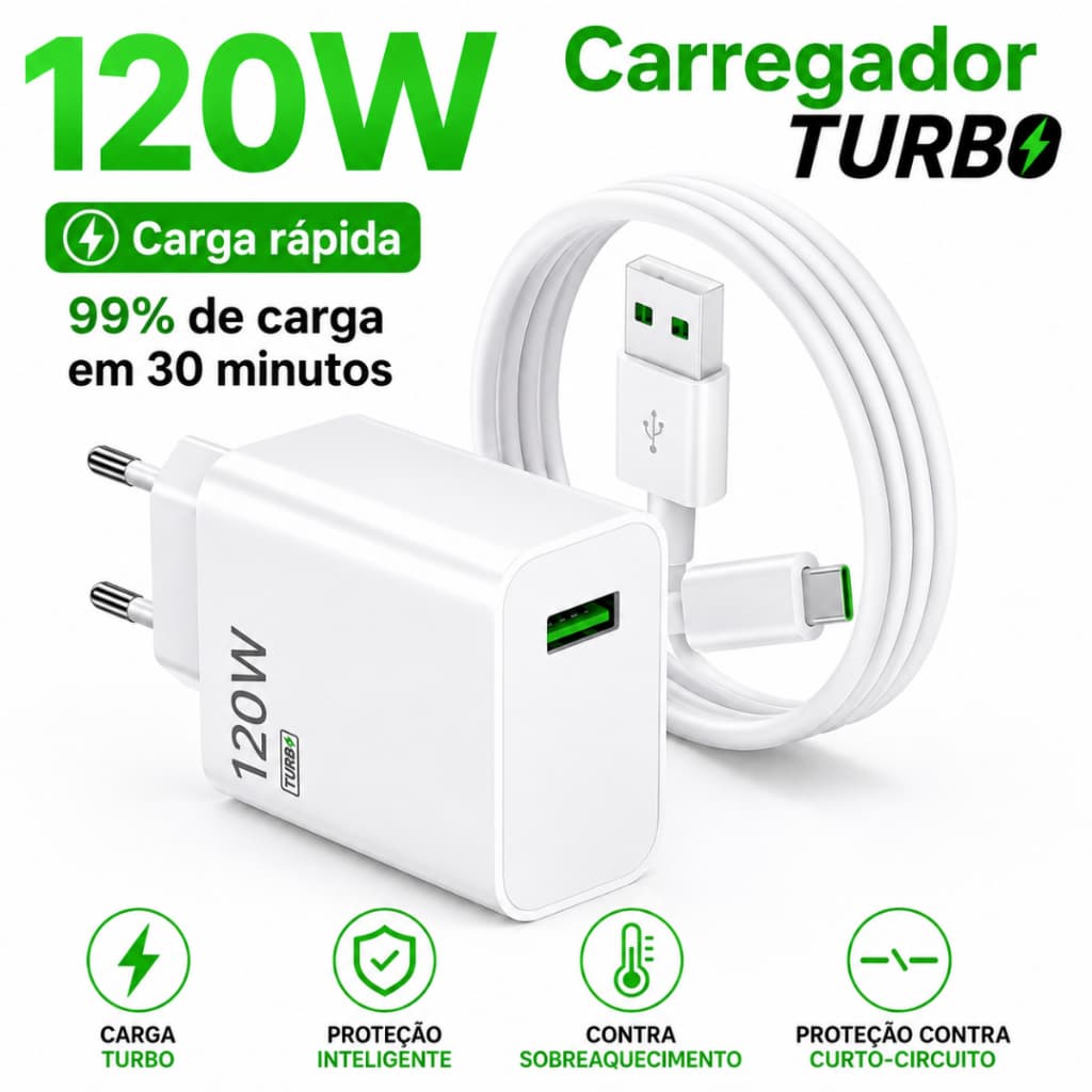 Carregador De Celular Turbo Tipo C 120W Original USB-A Tipo C Com Cabo Carga Rápida UniversalAndroid
