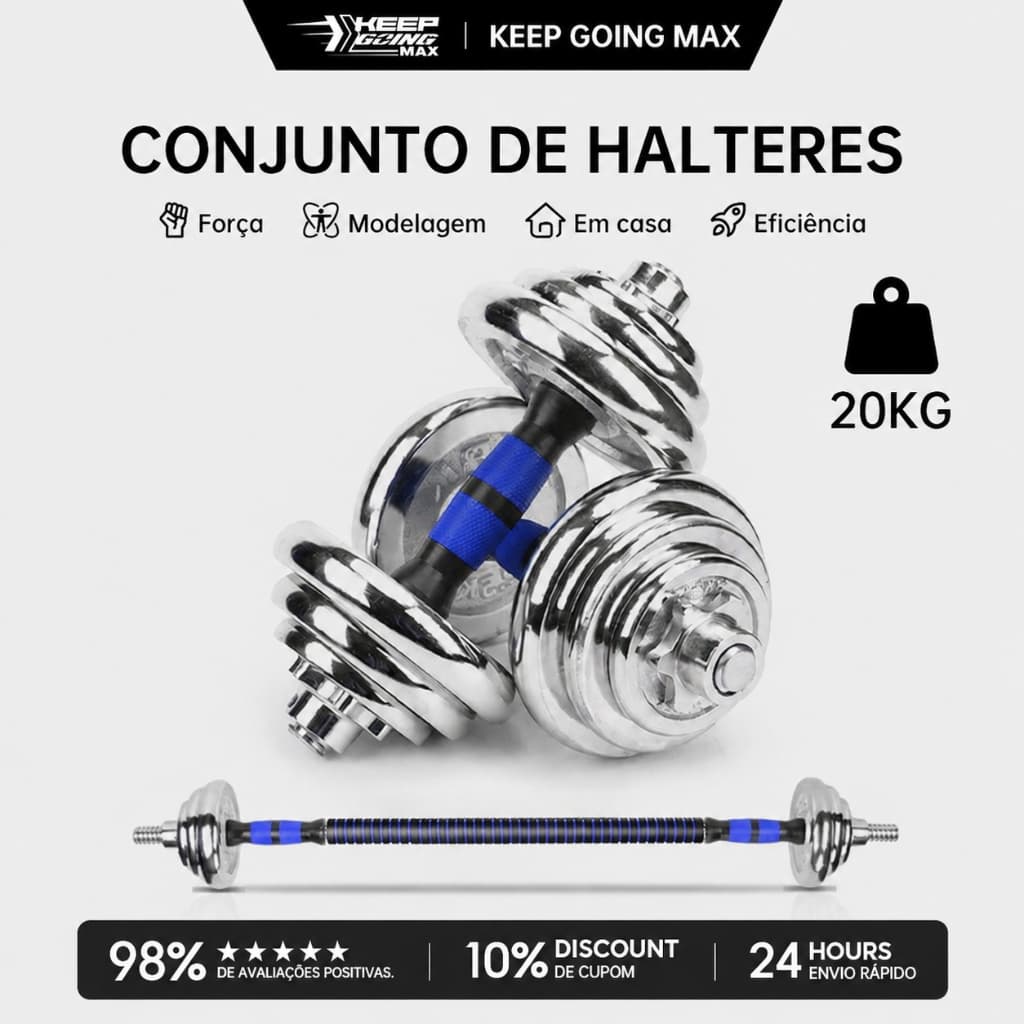 Keep Kit Halteres Ajustáveis com Anilhas e Barras para Musculação Treino em Casa Academia com Maleta