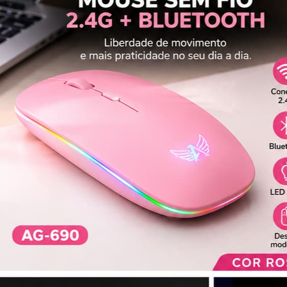 Mouse Sem Fio AG-690 Mouse Technology com Receptor USB 2.4G e Cabo de Recarga USB Rosa