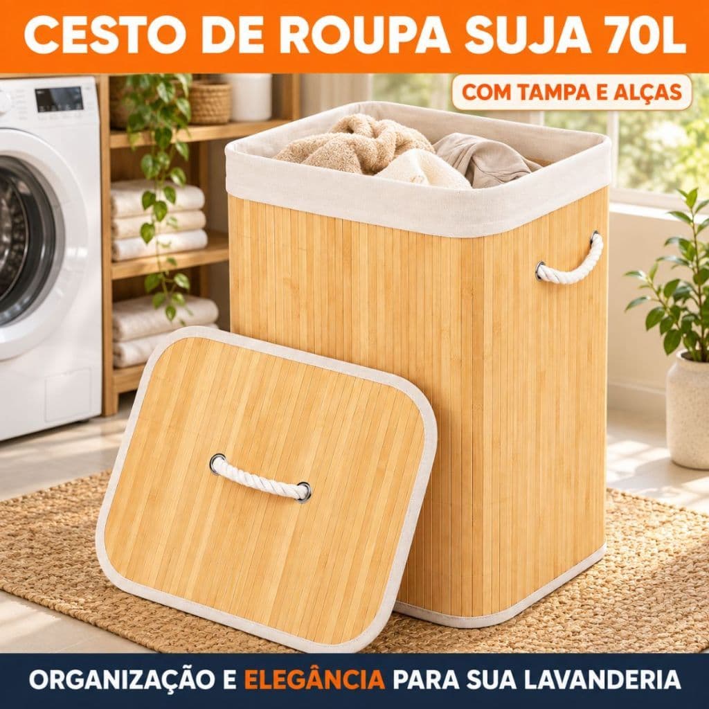 Cesto de Roupa Suja 70L Bambu com Tampa e Alças Organizador Lavanderia Banheiro Quarto
