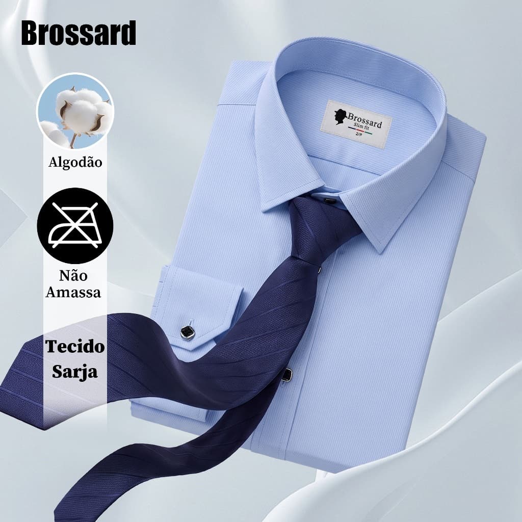 Camisa Social Masculina Slim Fit Manga Longa Blusa Algodão BROSSARD Boa Textura Casual e Dia a Dia