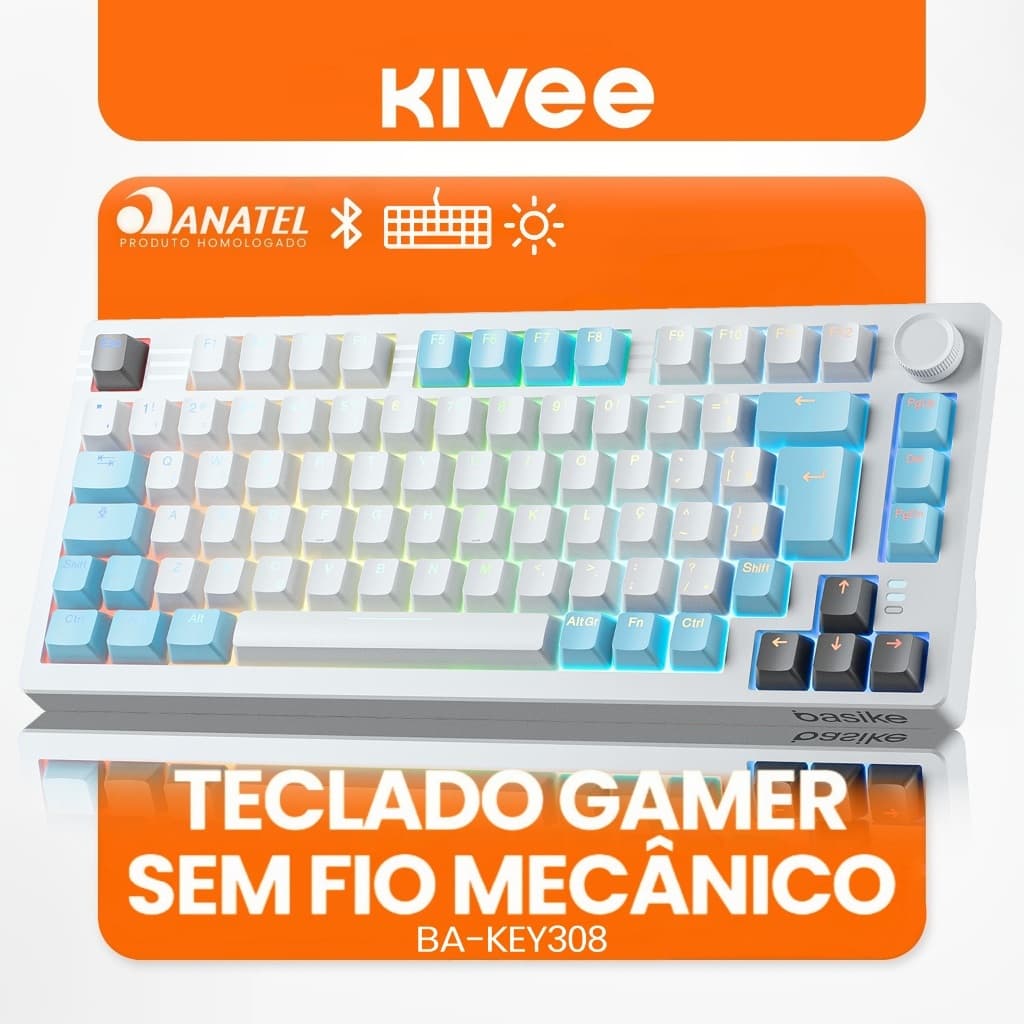 Kivee X Basike Teclado Mecânico Gamer Triplo Modo ABNT2 KEY308 RGB 82 Teclas Bluetooth 2.4G e Fio Bateria 4000mAh