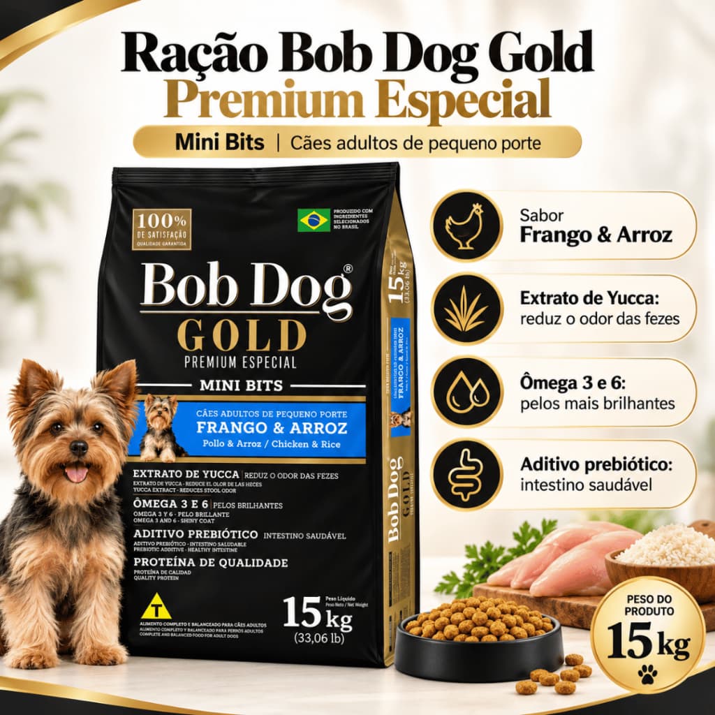 Ração Cachorro Adulto Bob Dog Gold Premium 15kg Mini Bits Frango e Arroz com Prebiótico Envio Rápido